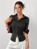 Buy SHEIN EZwear Women's Black & White Striped Woven Shirt in Pakistan