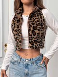 Buy SHEIN EZwear Women's Casual Leopard Print Sleeveless Fluffy Cropped Jacket For Autumn/Winter in Pakistan