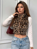 Buy SHEIN EZwear Women's Casual Leopard Print Sleeveless Fluffy Cropped Jacket For Autumn/Winter in Pakistan