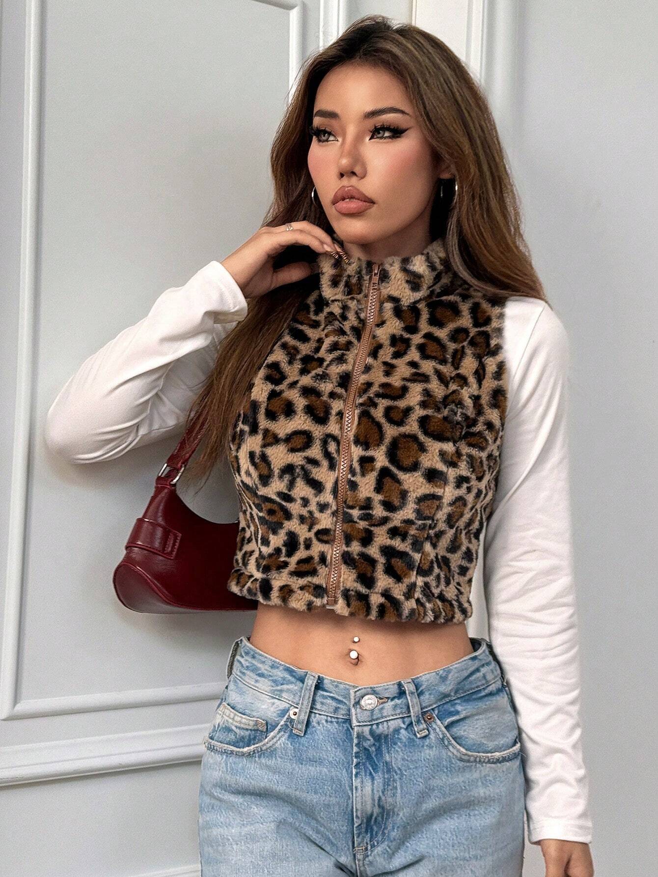 Buy SHEIN EZwear Women's Casual Leopard Print Sleeveless Fluffy Cropped Jacket For Autumn/Winter in Pakistan
