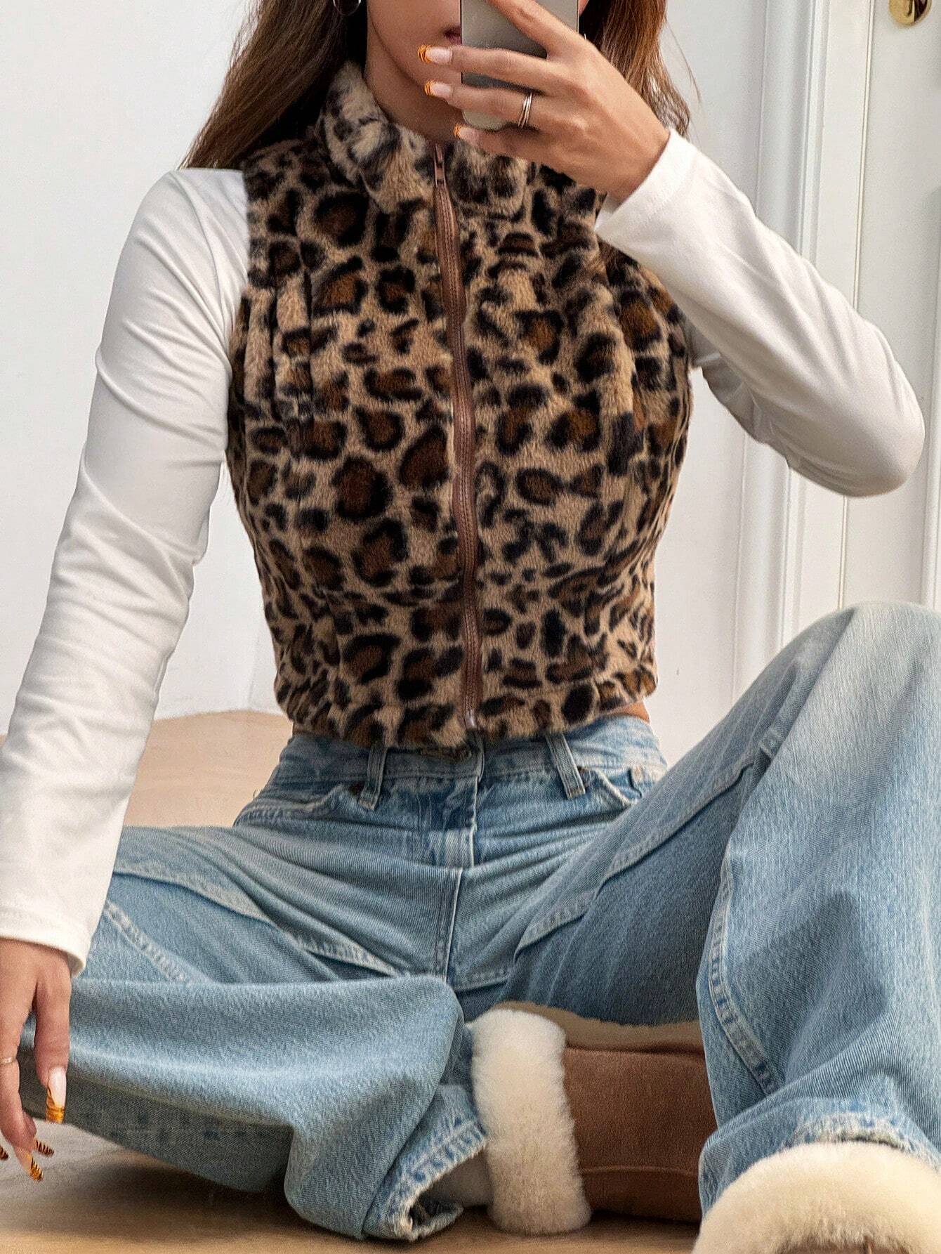 Buy SHEIN EZwear Women's Casual Leopard Print Sleeveless Fluffy Cropped Jacket For Autumn/Winter in Pakistan