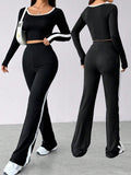 Buy SHEIN EZwear Women's Color-Blocked Long Sleeve Crop Tee And Pants Set in Pakistan
