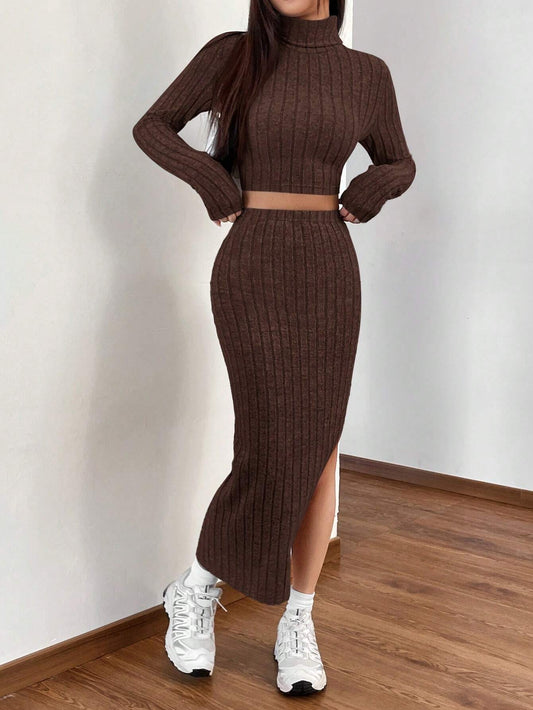 Buy SHEIN EZwear Women's High Neck Fleece Distressed T-Shirt And Skirt Set in Pakistan