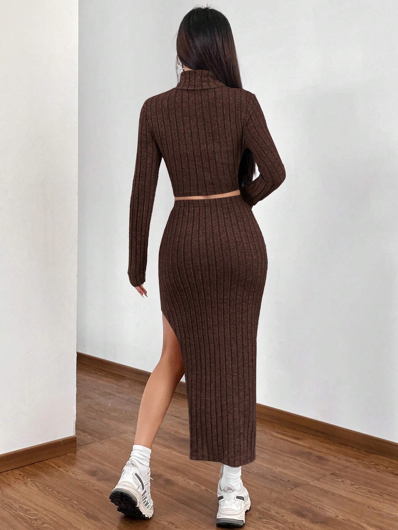 Buy SHEIN EZwear Women's High Neck Fleece Distressed T-Shirt And Skirt Set in Pakistan