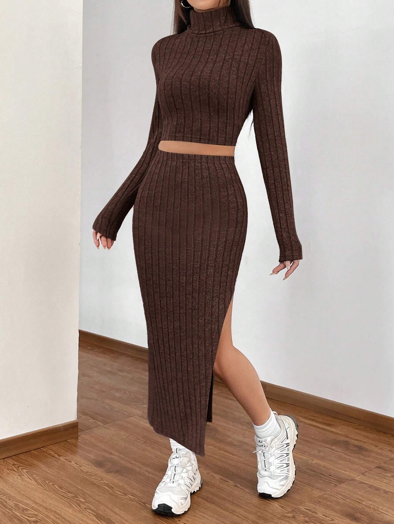 Buy SHEIN EZwear Women's High Neck Fleece Distressed T-Shirt And Skirt Set in Pakistan