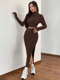 Buy SHEIN EZwear Women's High Neck Fleece Distressed T-Shirt And Skirt Set in Pakistan