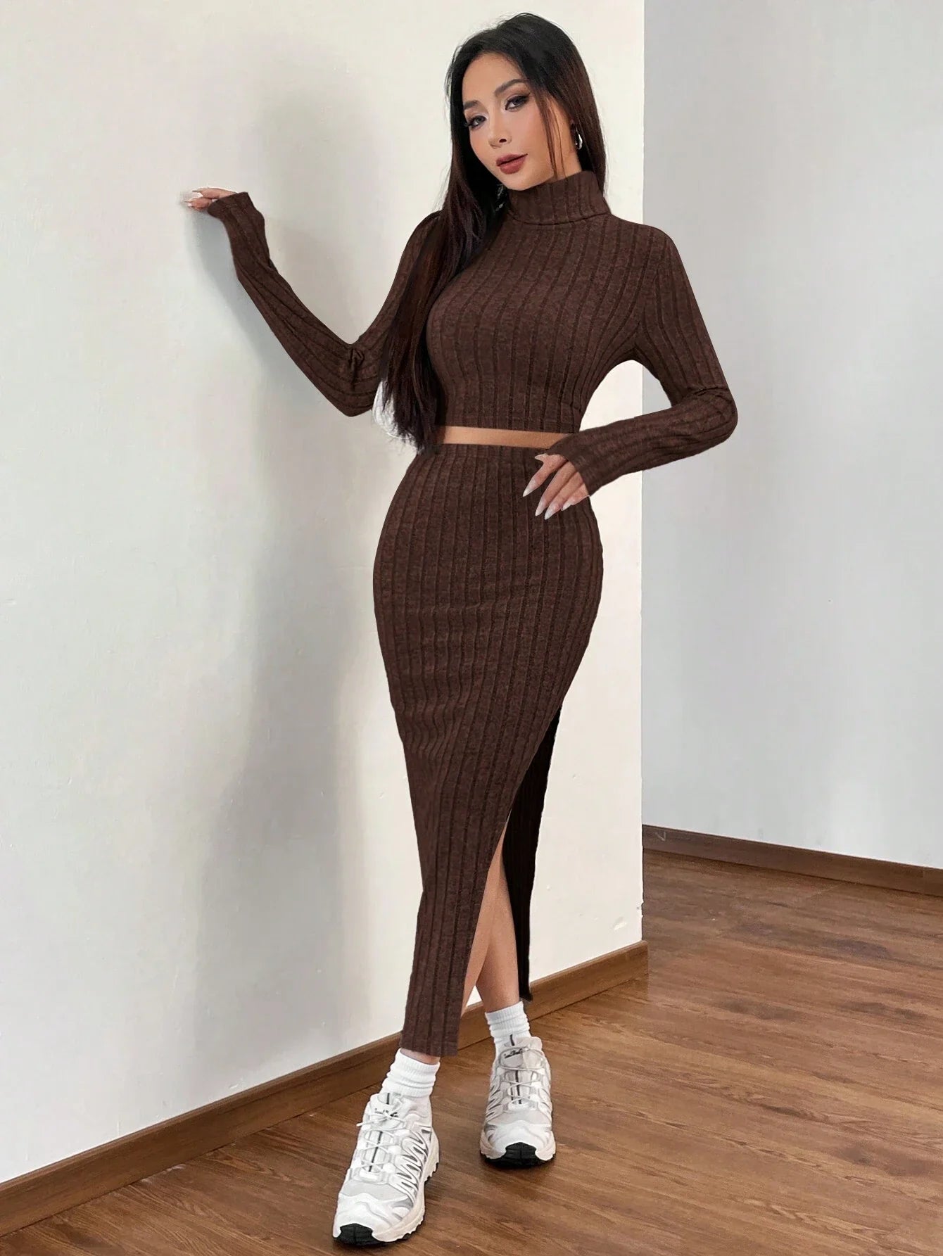 Buy SHEIN EZwear Women's High Neck Fleece Distressed T-Shirt And Skirt Set in Pakistan