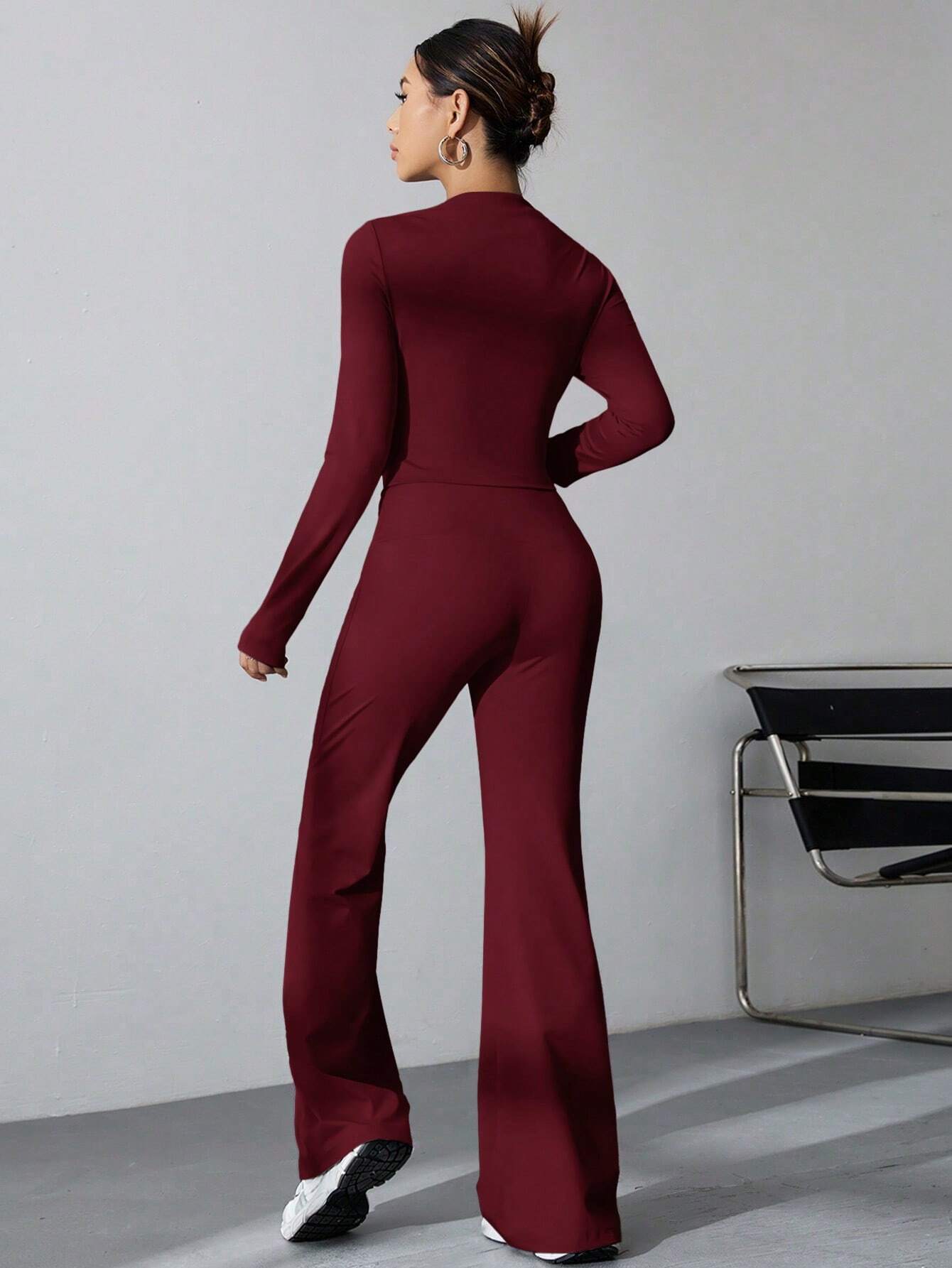 Buy SHEIN EZwear Women's Pleated Slim Fit Top And Flared Pants Two Piece Set in Pakistan