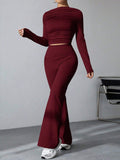 Buy SHEIN EZwear Women's Pleated Slim Fit Top And Flared Pants Two Piece Set in Pakistan