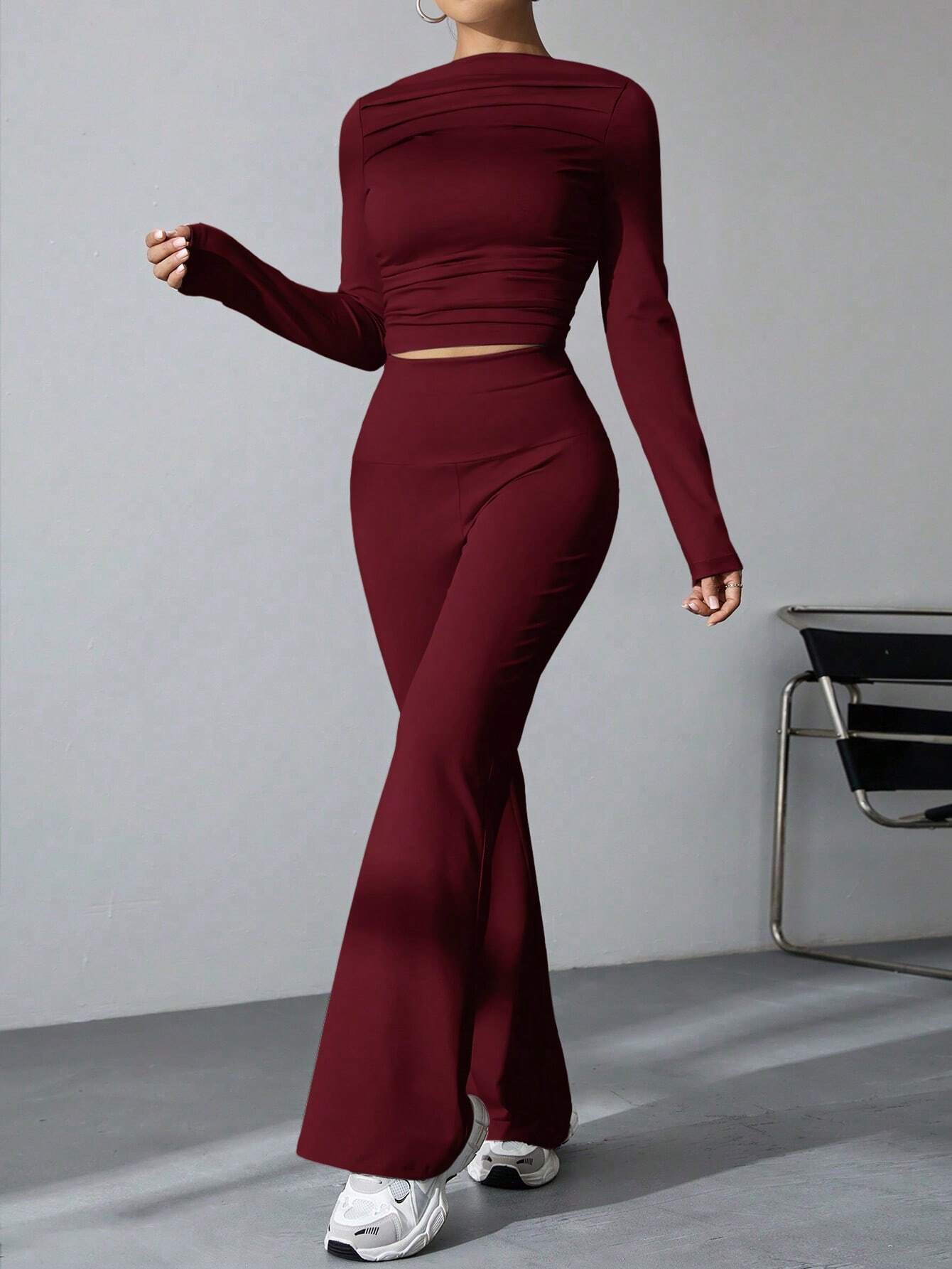 Buy SHEIN EZwear Women's Pleated Slim Fit Top And Flared Pants Two Piece Set in Pakistan