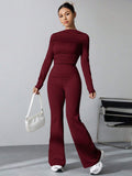 Buy SHEIN EZwear Women's Pleated Slim Fit Top And Flared Pants Two Piece Set in Pakistan