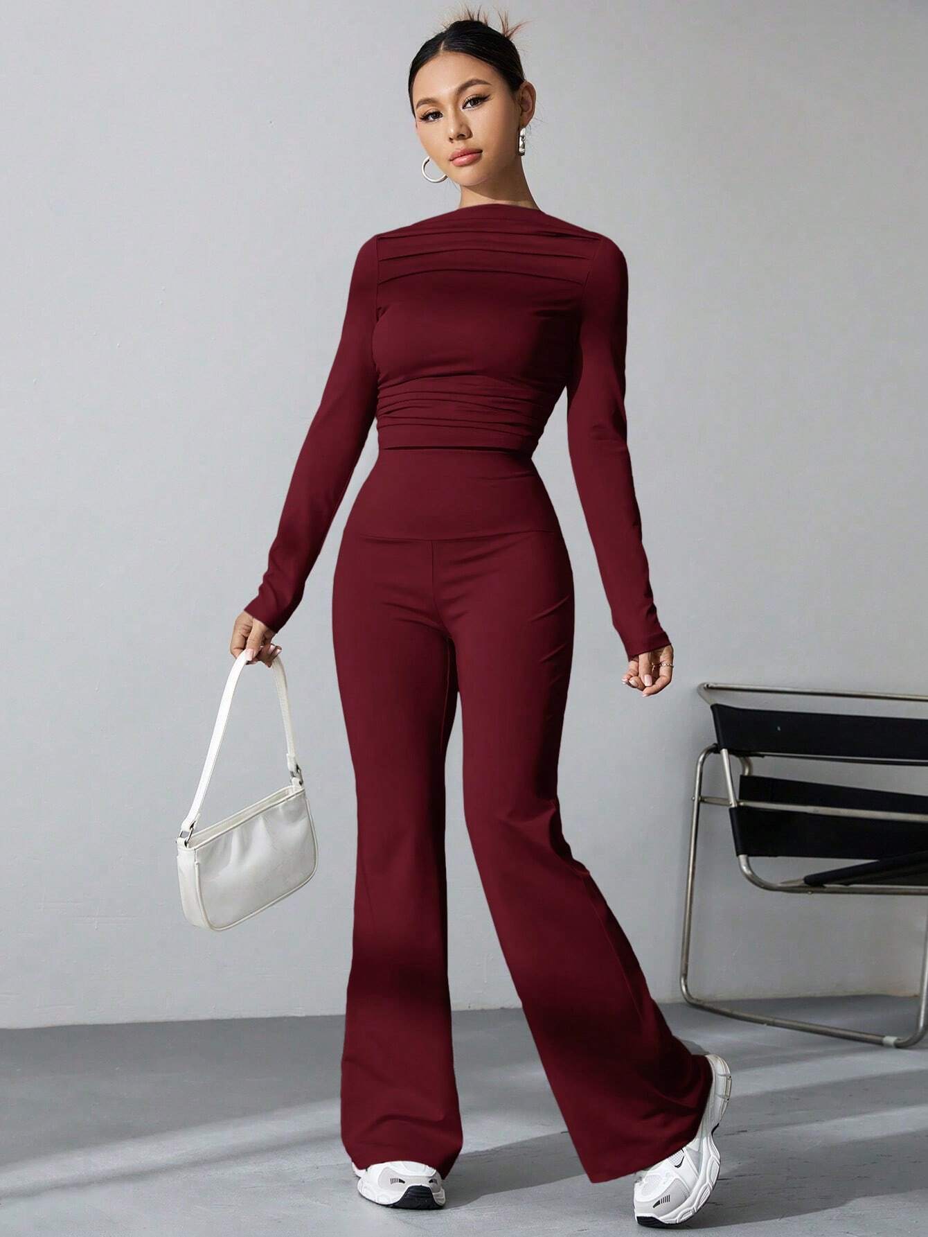 Buy SHEIN EZwear Women's Pleated Slim Fit Top And Flared Pants Two Piece Set in Pakistan