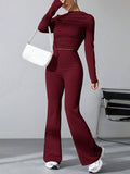 Buy SHEIN EZwear Women's Pleated Slim Fit Top And Flared Pants Two Piece Set in Pakistan