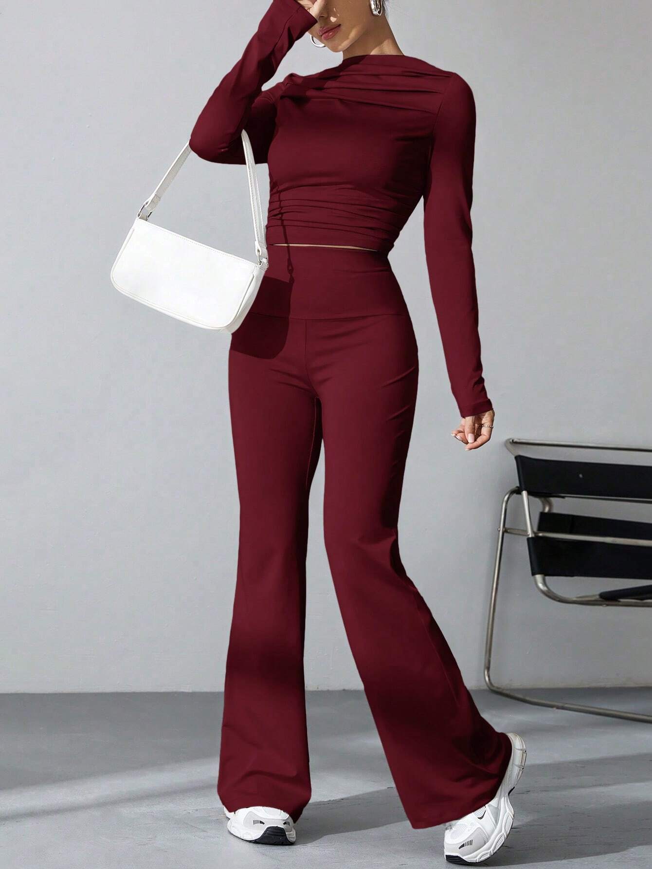 Buy SHEIN EZwear Women's Pleated Slim Fit Top And Flared Pants Two Piece Set in Pakistan