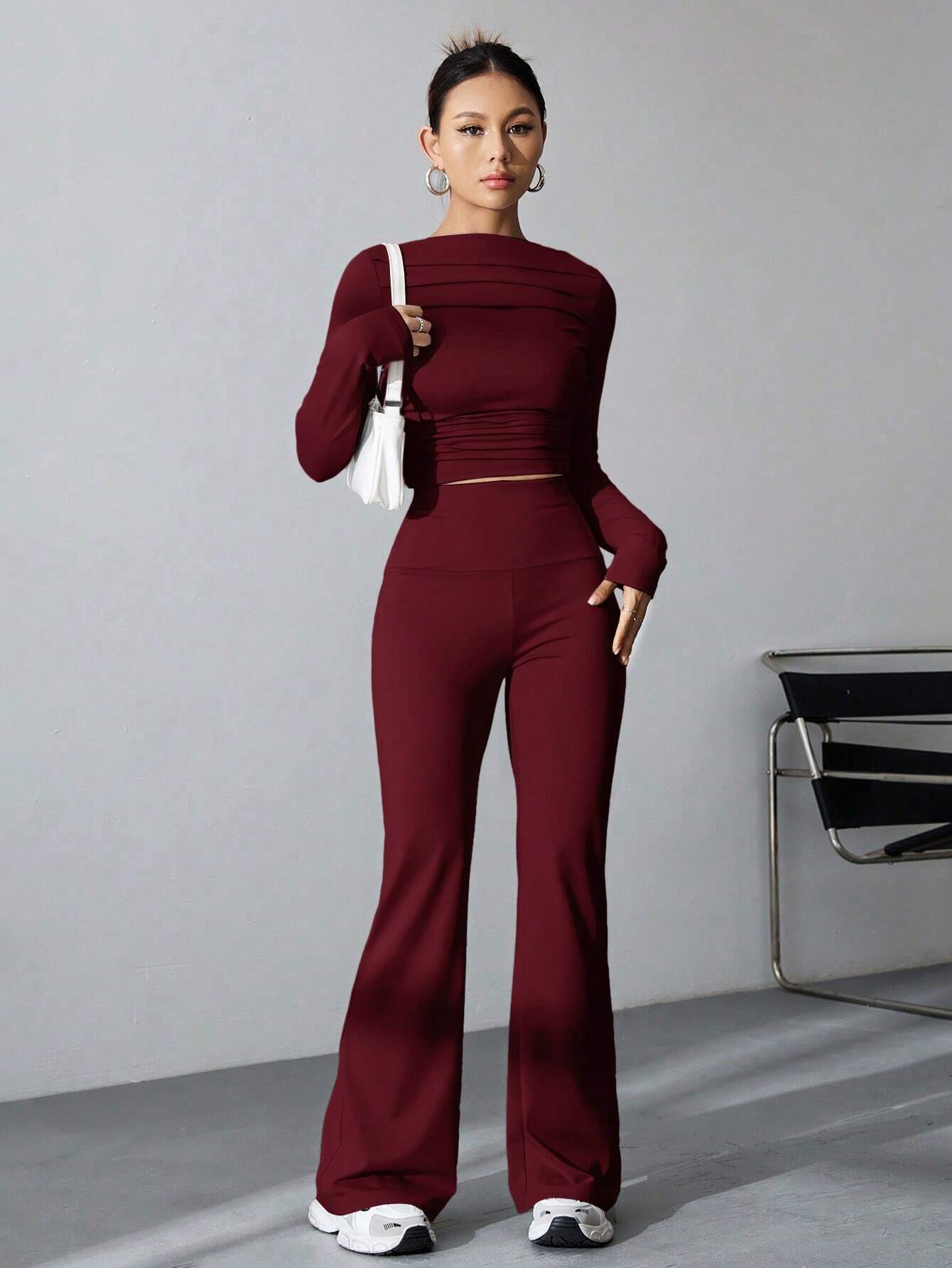 Buy SHEIN EZwear Women's Pleated Slim Fit Top And Flared Pants Two Piece Set in Pakistan