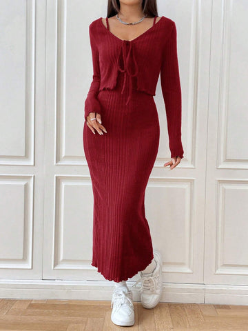 Buy SHEIN EZwear Women's Solid Color Ribbed Cami & Front Tie Jacket Set in Pakistan