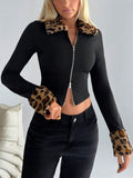Buy SHEIN EZwear Women's Spring & Autumn Leopard Print Panel Fleece Lapel Long Sleeve Zip Front Fitted Jacket in Pakistan