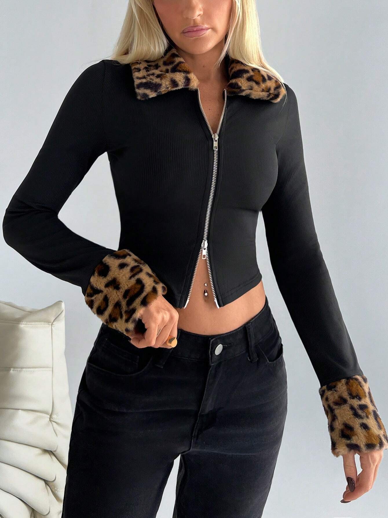 Buy SHEIN EZwear Women's Spring & Autumn Leopard Print Panel Fleece Lapel Long Sleeve Zip Front Fitted Jacket in Pakistan