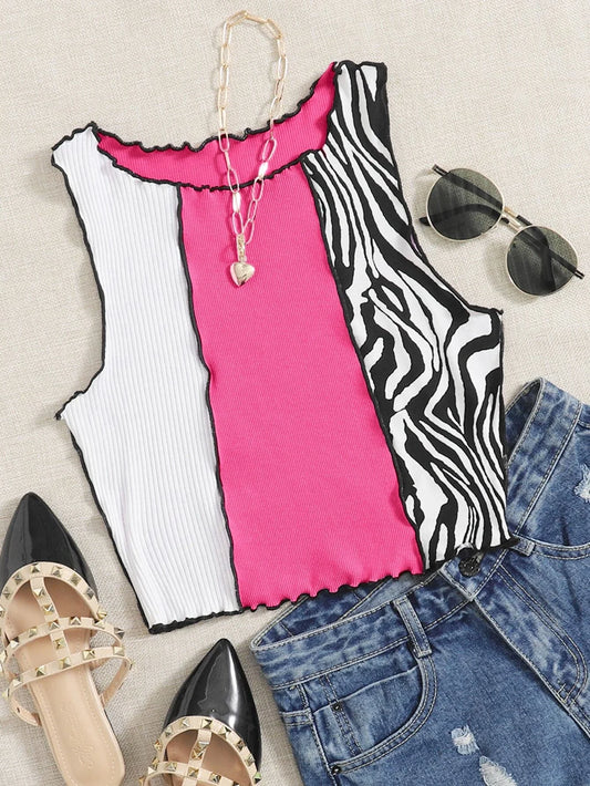 Buy SHEIN EZwear Zebra Stripe Colorblock Lettuce Trim Tank Top, Going Out Top in Pakistan