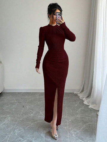 Buy SHEIN Elenzya Plain Color Pleated Stand Collar Split Hem Long Sleeve Dress in Pakistan