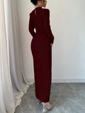 Buy SHEIN Elenzya Plain Color Pleated Stand Collar Split Hem Long Sleeve Dress in Pakistan