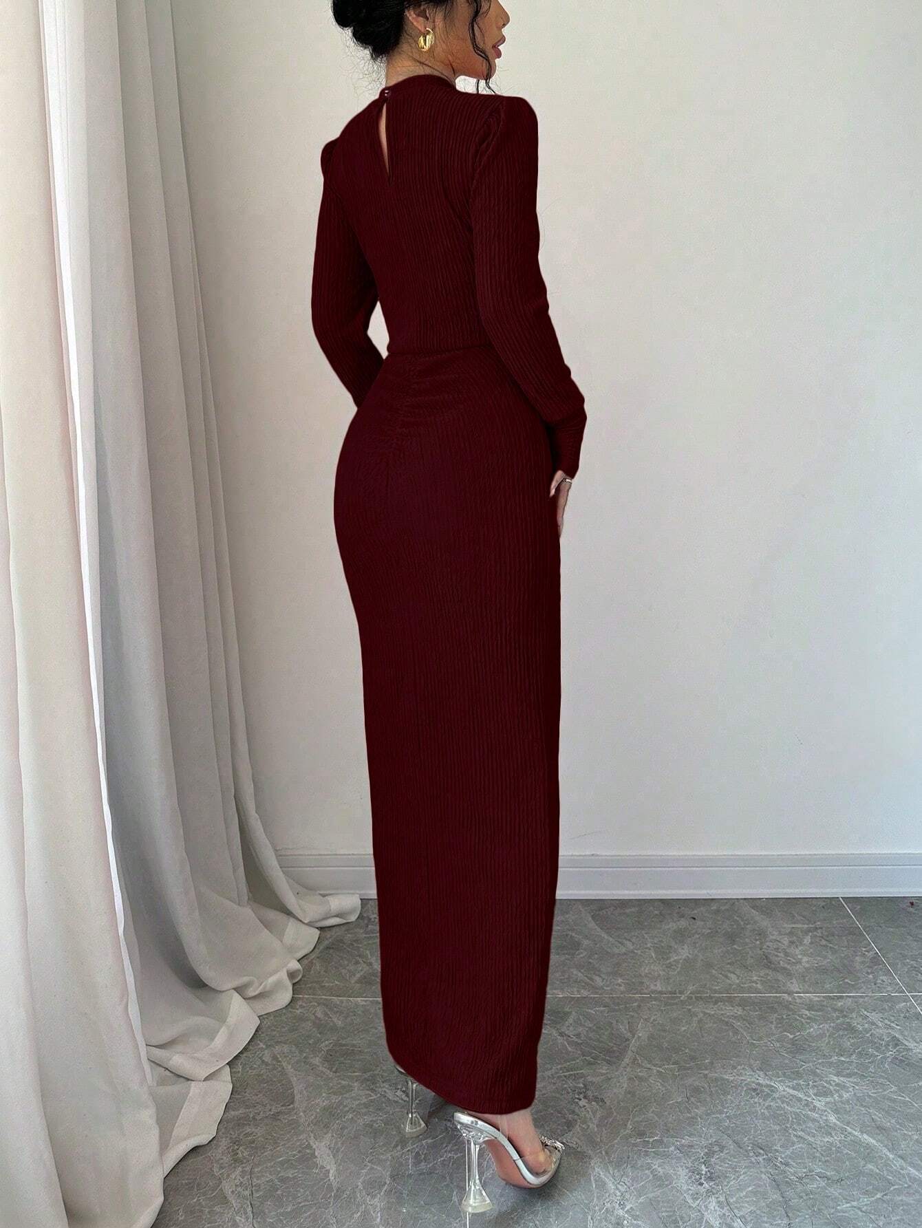 Buy SHEIN Elenzya Plain Color Pleated Stand Collar Split Hem Long Sleeve Dress in Pakistan