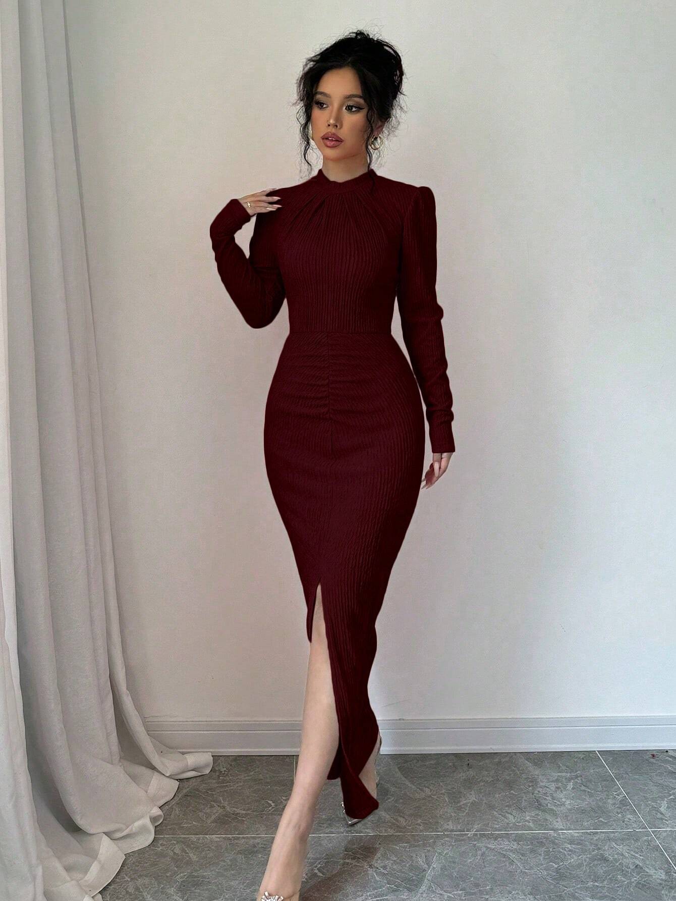 Buy SHEIN Elenzya Plain Color Pleated Stand Collar Split Hem Long Sleeve Dress in Pakistan