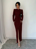 Buy SHEIN Elenzya Plain Color Pleated Stand Collar Split Hem Long Sleeve Dress in Pakistan
