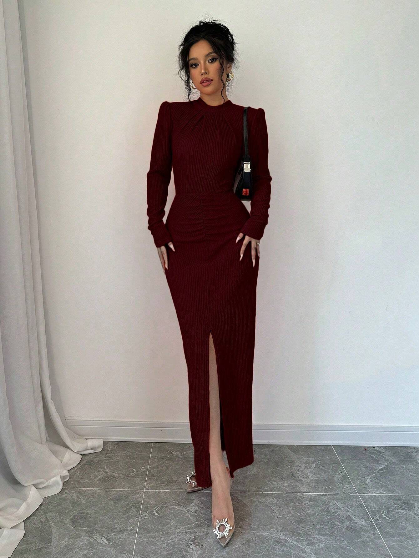 Buy SHEIN Elenzya Plain Color Pleated Stand Collar Split Hem Long Sleeve Dress in Pakistan