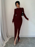 Buy SHEIN Elenzya Plain Color Pleated Stand Collar Split Hem Long Sleeve Dress in Pakistan