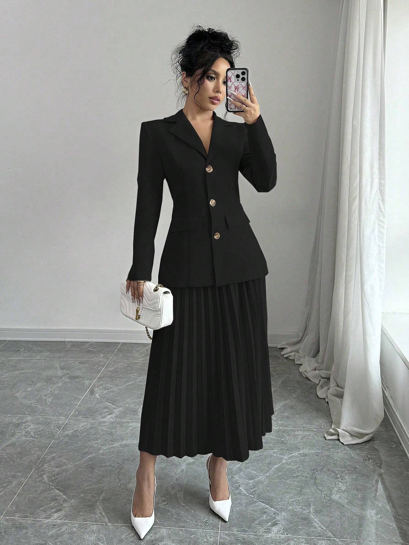Buy SHEIN Elenzya Women Plain Front Button Long Sleeve Blazer And A-Line Pleated Skirt Suit Set in Pakistan