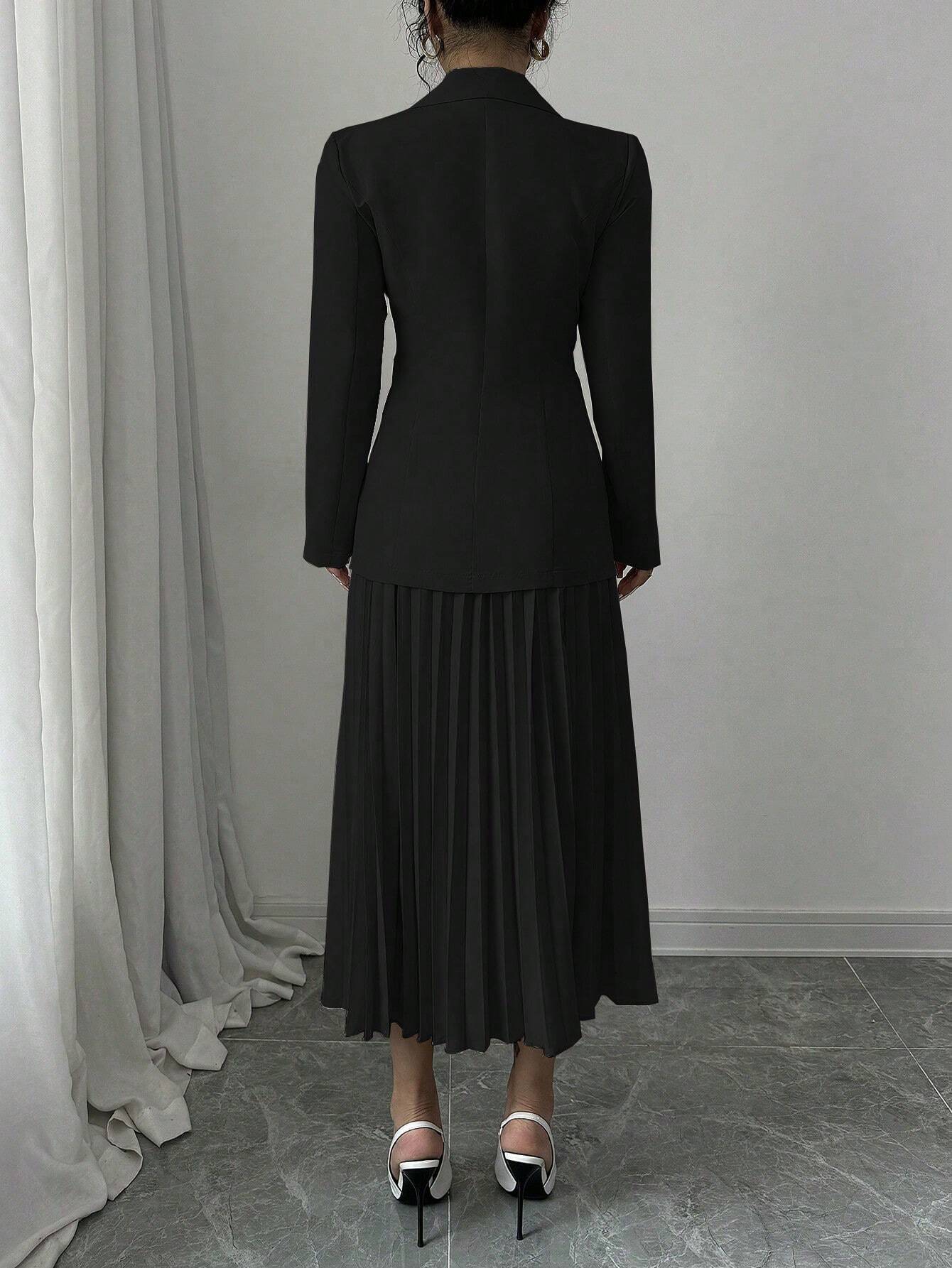 Buy SHEIN Elenzya Women Plain Front Button Long Sleeve Blazer And A-Line Pleated Skirt Suit Set in Pakistan