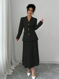 Buy SHEIN Elenzya Women Plain Front Button Long Sleeve Blazer And A-Line Pleated Skirt Suit Set in Pakistan