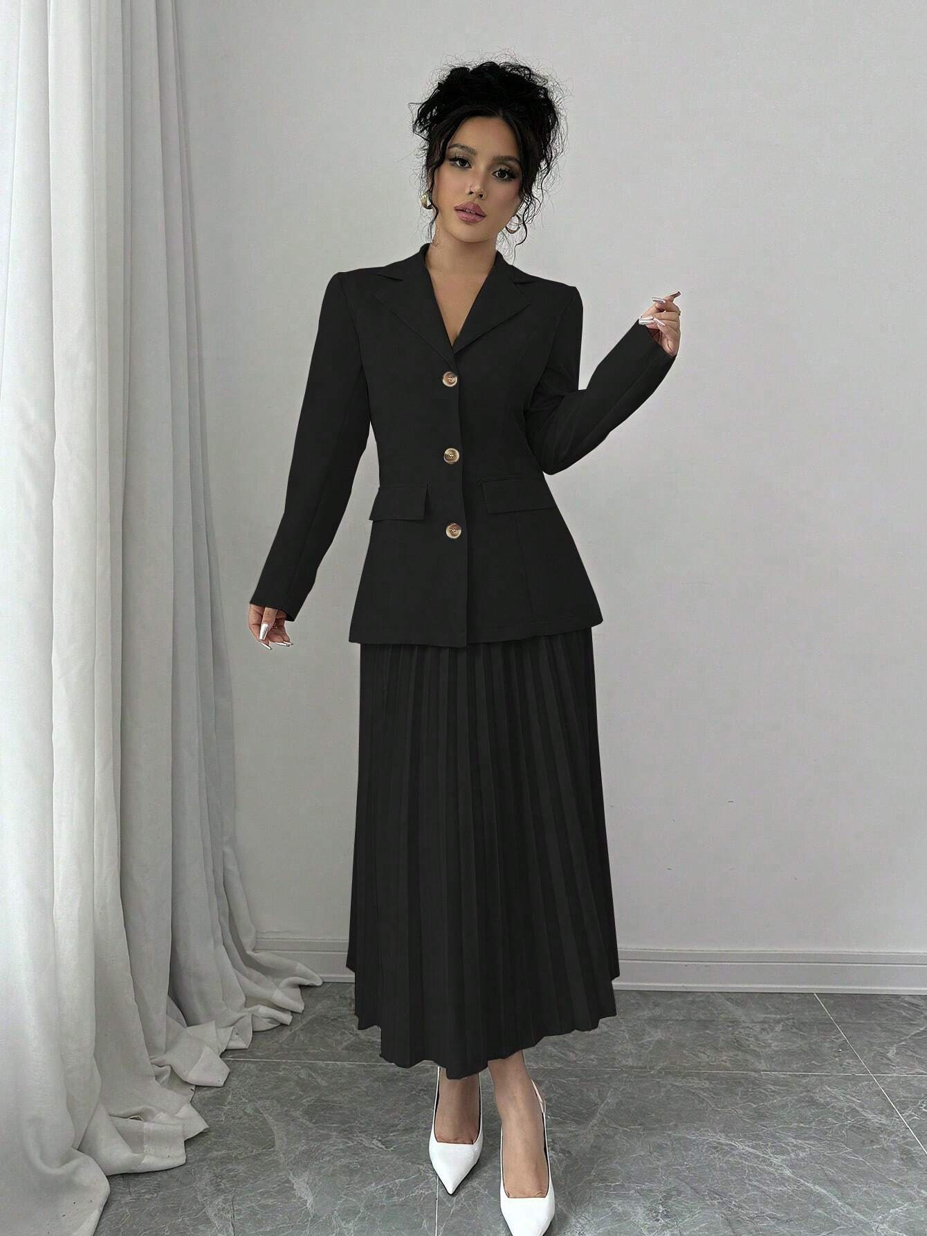 Buy SHEIN Elenzya Women Plain Front Button Long Sleeve Blazer And A-Line Pleated Skirt Suit Set in Pakistan