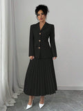Buy SHEIN Elenzya Women Plain Front Button Long Sleeve Blazer And A-Line Pleated Skirt Suit Set in Pakistan