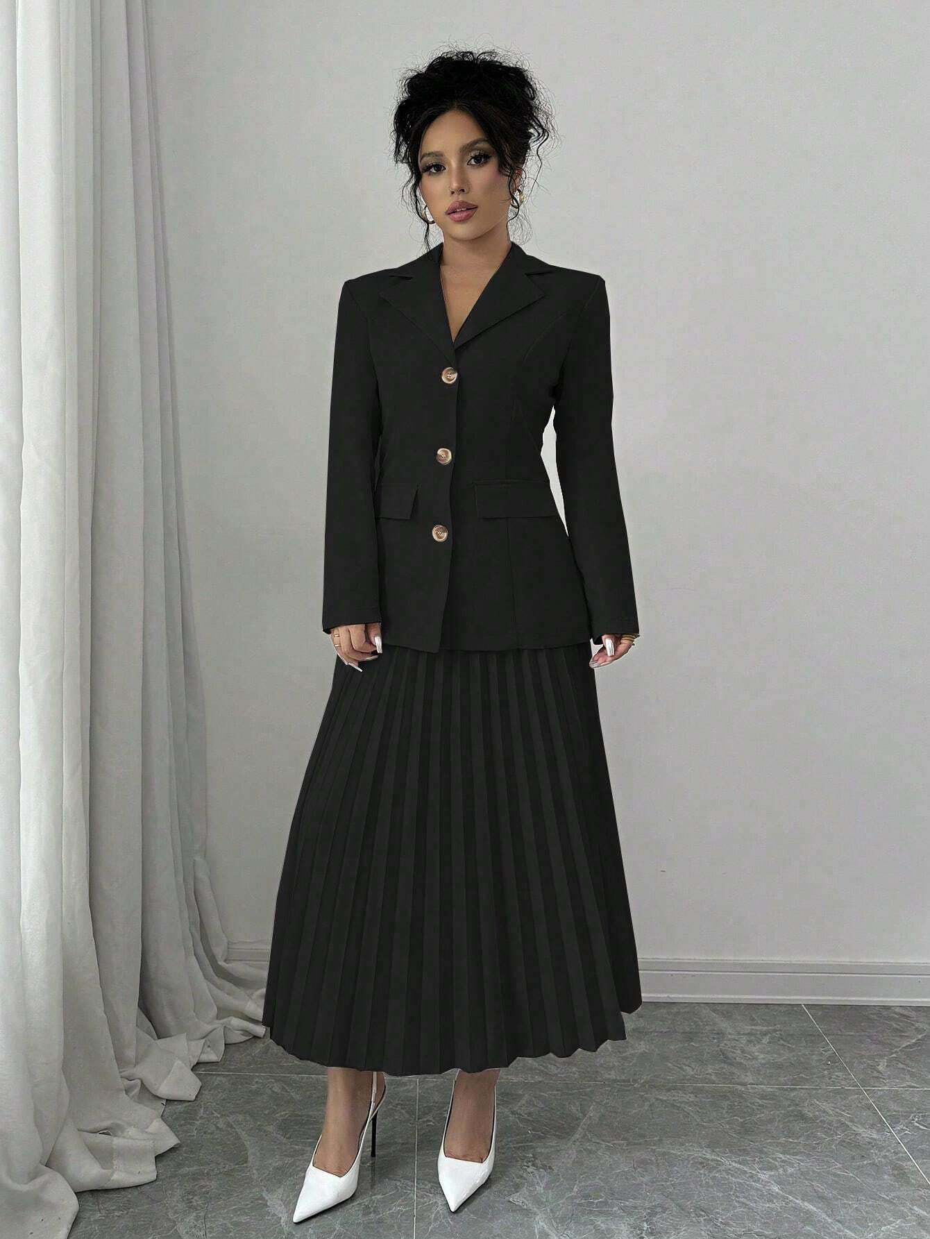 Buy SHEIN Elenzya Women Plain Front Button Long Sleeve Blazer And A-Line Pleated Skirt Suit Set in Pakistan