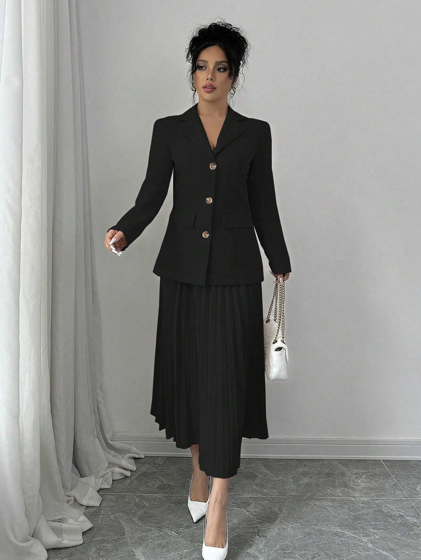 Buy SHEIN Elenzya Women Plain Front Button Long Sleeve Blazer And A-Line Pleated Skirt Suit Set in Pakistan