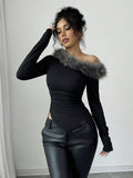 Buy SHEIN Elenzya Women's Autumn Ruffle Asymmetric Shoulder Fuzzy Patchwork Fitted T-Shirt in Pakistan