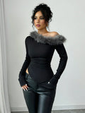 Buy SHEIN Elenzya Women's Autumn Ruffle Asymmetric Shoulder Fuzzy Patchwork Fitted T-Shirt in Pakistan