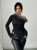 Buy SHEIN Elenzya Women's Autumn Ruffle Asymmetric Shoulder Fuzzy Patchwork Fitted T-Shirt in Pakistan