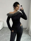 Buy SHEIN Elenzya Women's Autumn Ruffle Asymmetric Shoulder Fuzzy Patchwork Fitted T-Shirt in Pakistan