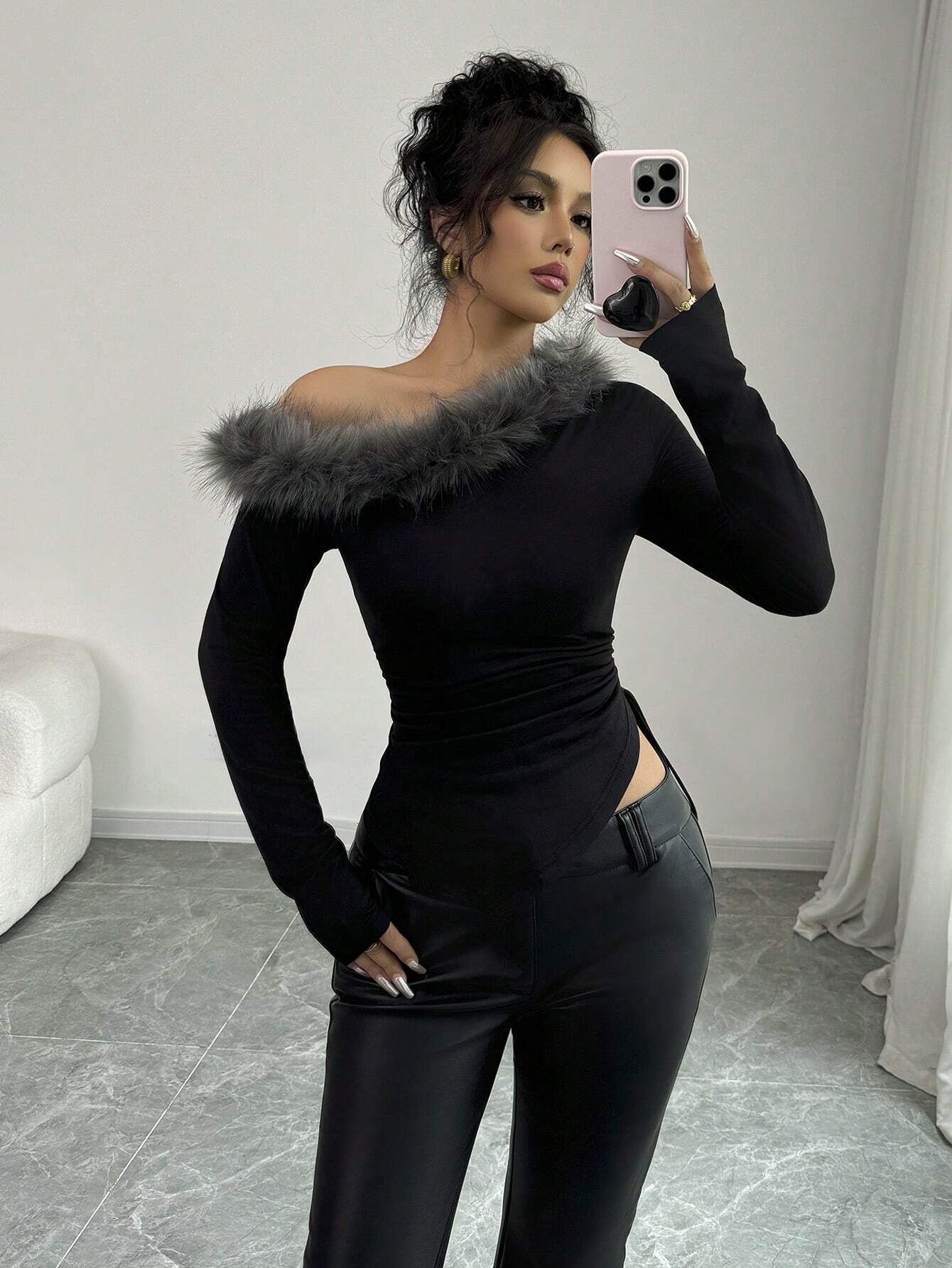 Buy SHEIN Elenzya Women's Autumn Ruffle Asymmetric Shoulder Fuzzy Patchwork Fitted T-Shirt in Pakistan