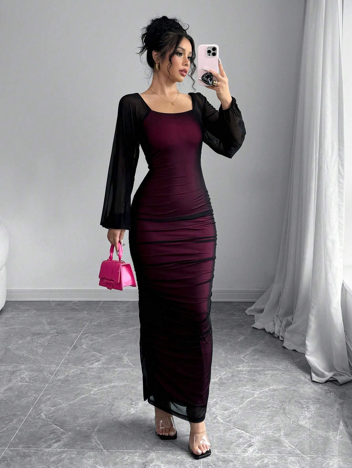 Buy SHEIN Elenzya Women's Elegant Long Sleeve Dress, Round Neck, Contrast Lace, Embroidered Mesh, Party/Event Wear in Pakistan