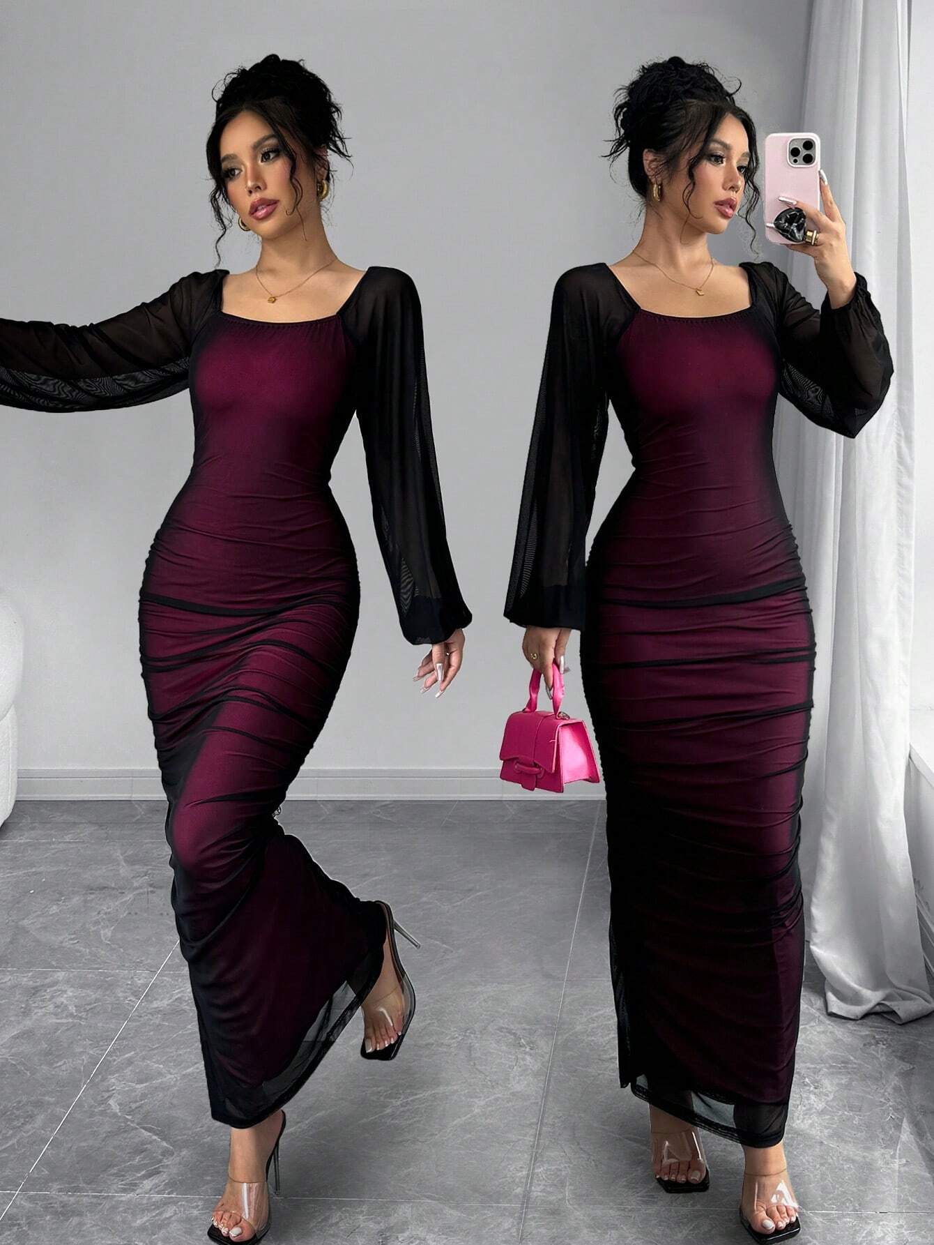 Buy SHEIN Elenzya Women's Elegant Long Sleeve Dress, Round Neck, Contrast Lace, Embroidered Mesh, Party/Event Wear in Pakistan