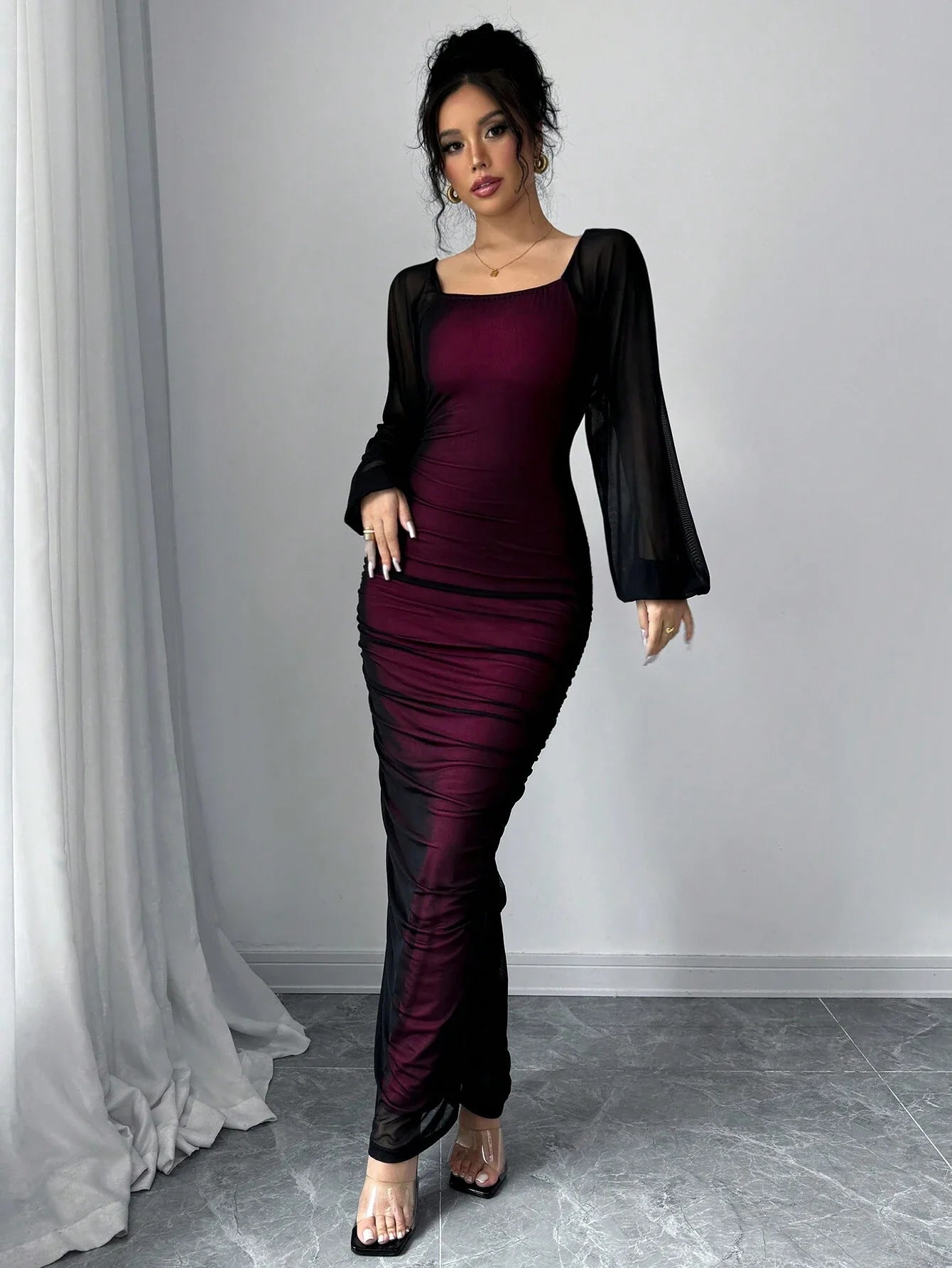 Buy SHEIN Elenzya Women's Elegant Long Sleeve Dress, Round Neck, Contrast Lace, Embroidered Mesh, Party/Event Wear in Pakistan