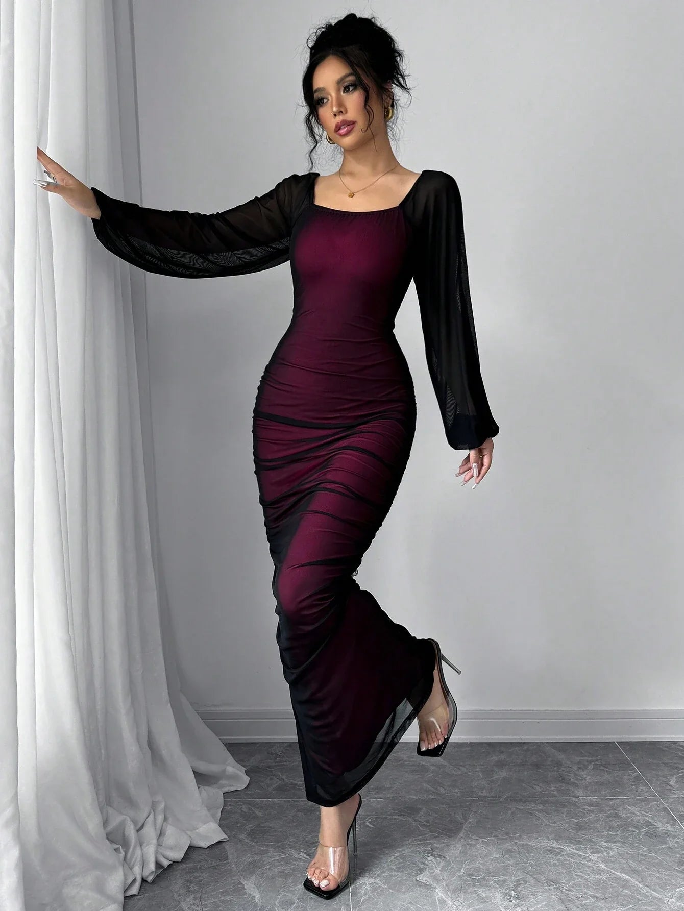 Buy SHEIN Elenzya Women's Elegant Long Sleeve Dress, Round Neck, Contrast Lace, Embroidered Mesh, Party/Event Wear in Pakistan