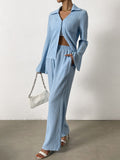 Buy SHEIN Essnce Bell Sleeve Plisse Shirt & Wide Leg Pants in Pakistan