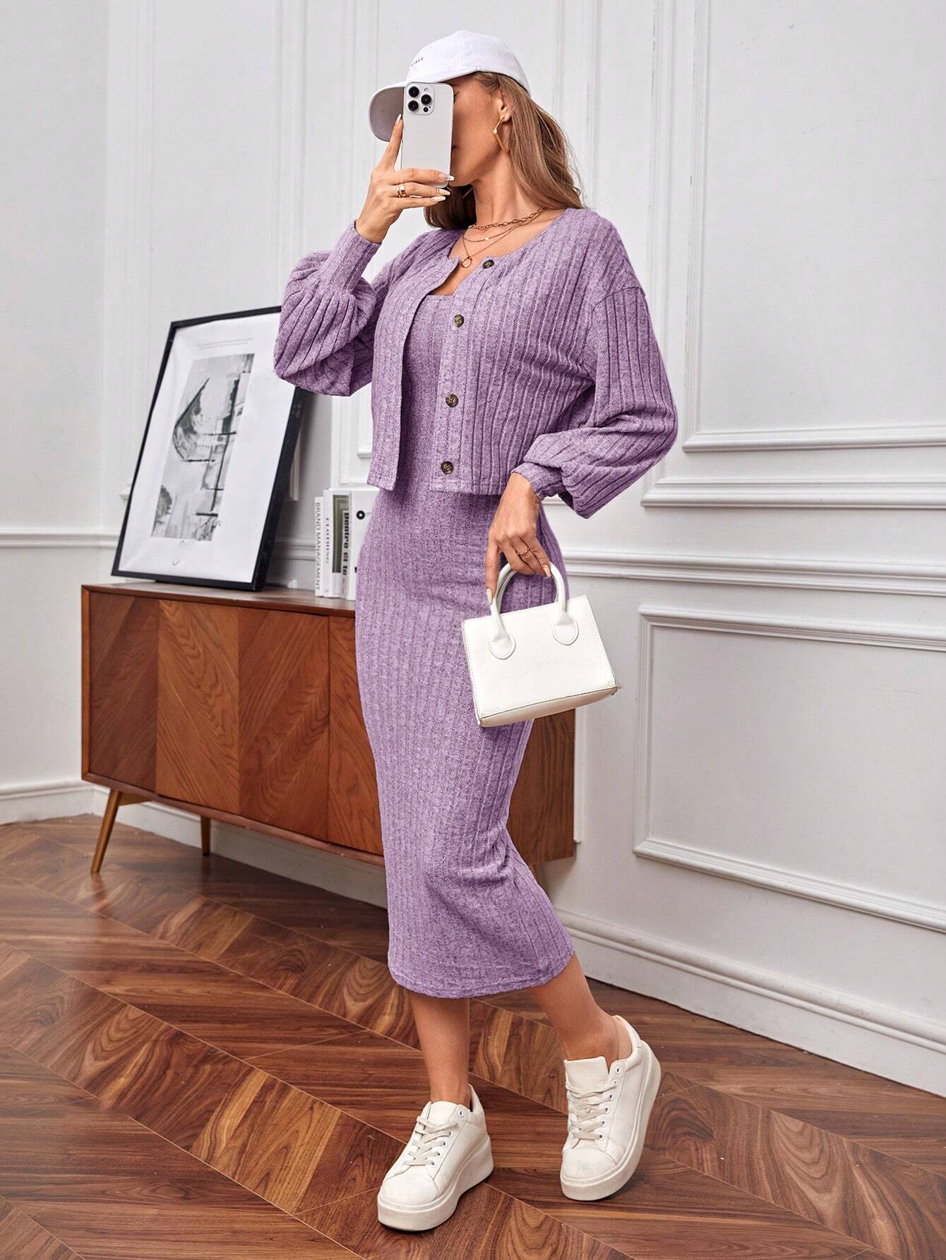 Buy SHEIN Essnce Button Up Drop Shoulder Sleeve Jacket And Cami Dress 2pcs/Set in Pakistan