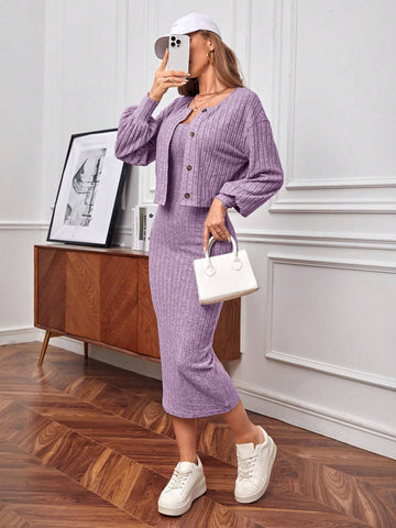 Buy SHEIN Essnce Button Up Drop Shoulder Sleeve Jacket And Cami Dress 2pcs/Set in Pakistan