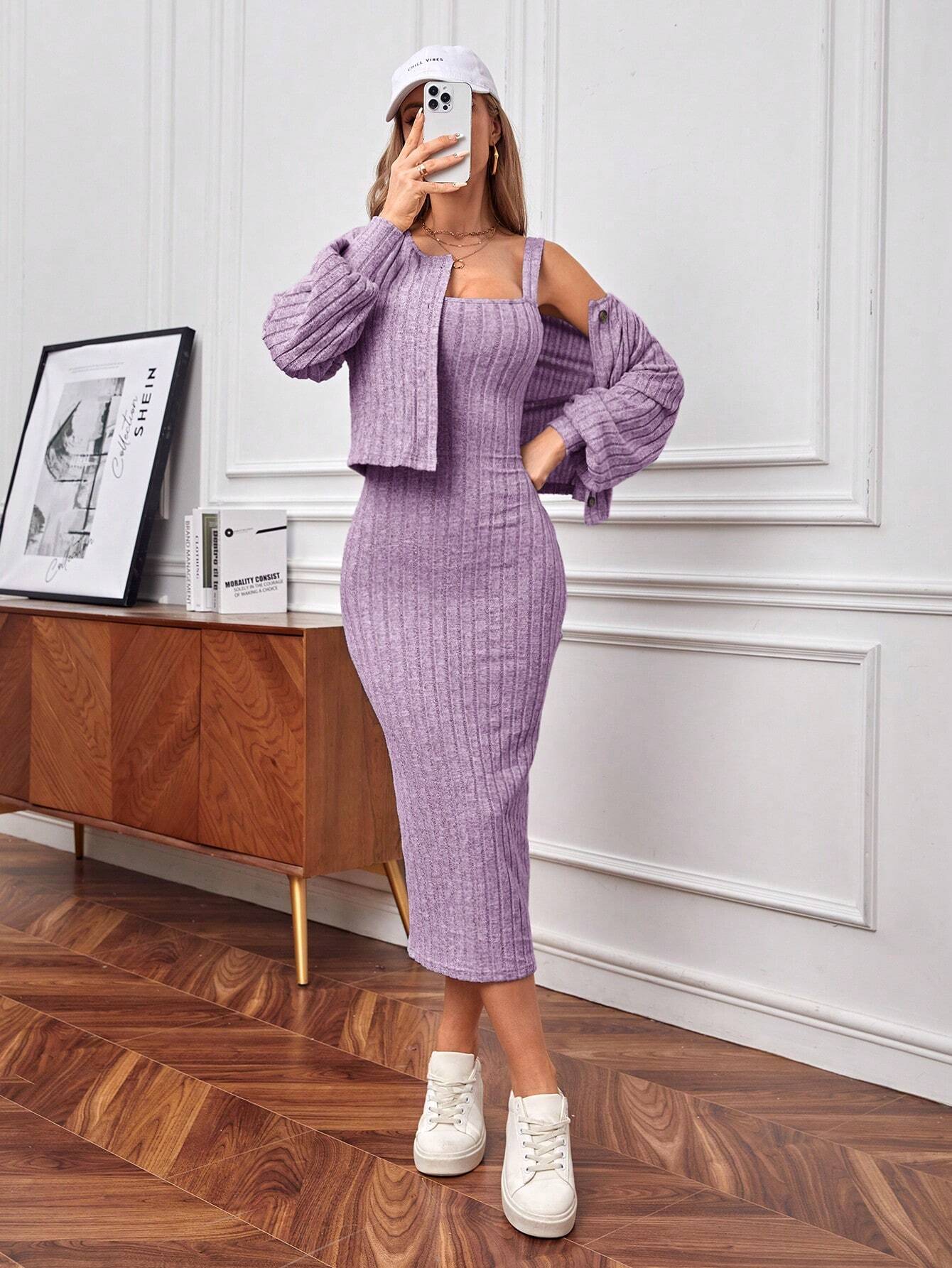 Buy SHEIN Essnce Button Up Drop Shoulder Sleeve Jacket And Cami Dress 2pcs/Set in Pakistan